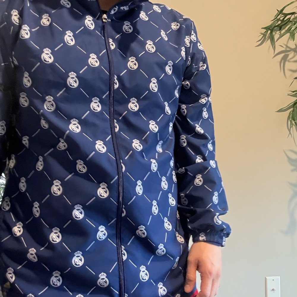 Real Madrid adidas Men's Navy and White Patterned Windbreaker